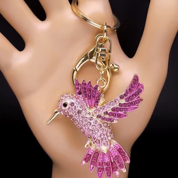Pink Hummingbird Keychain for Women Men Rhinestone Gold Color Alloy Animal Birds - Picture 4 of 7